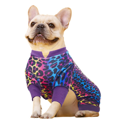 Leopard print dog onesie pajamas in purple with yellow and blue spots worn by dog