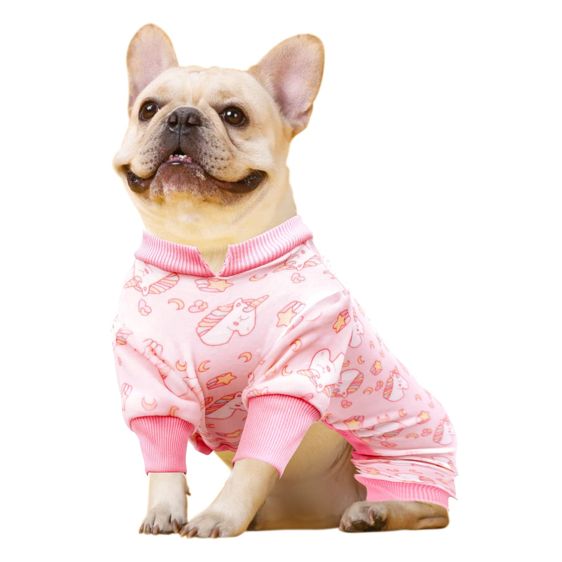 Light pink dog onesie pajama with unicorn and dog icons, ribbed collar and cuffs