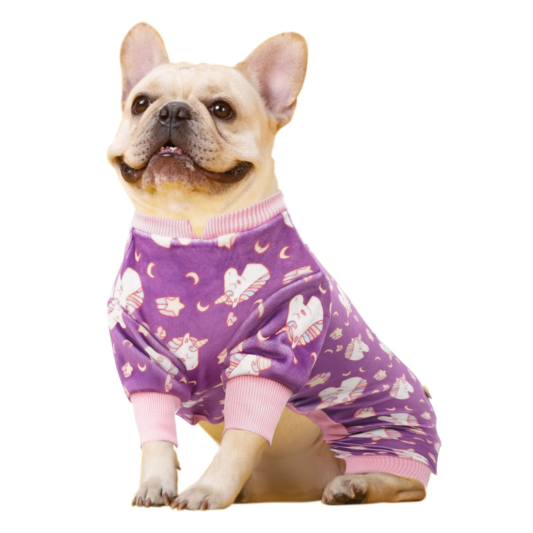 Purple dog unicorn onesie pajamas with pink turtleneck collar and allover unicorn print.