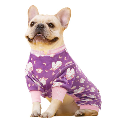 Purple dog unicorn onesie pajamas with pink turtleneck collar and allover unicorn print.
