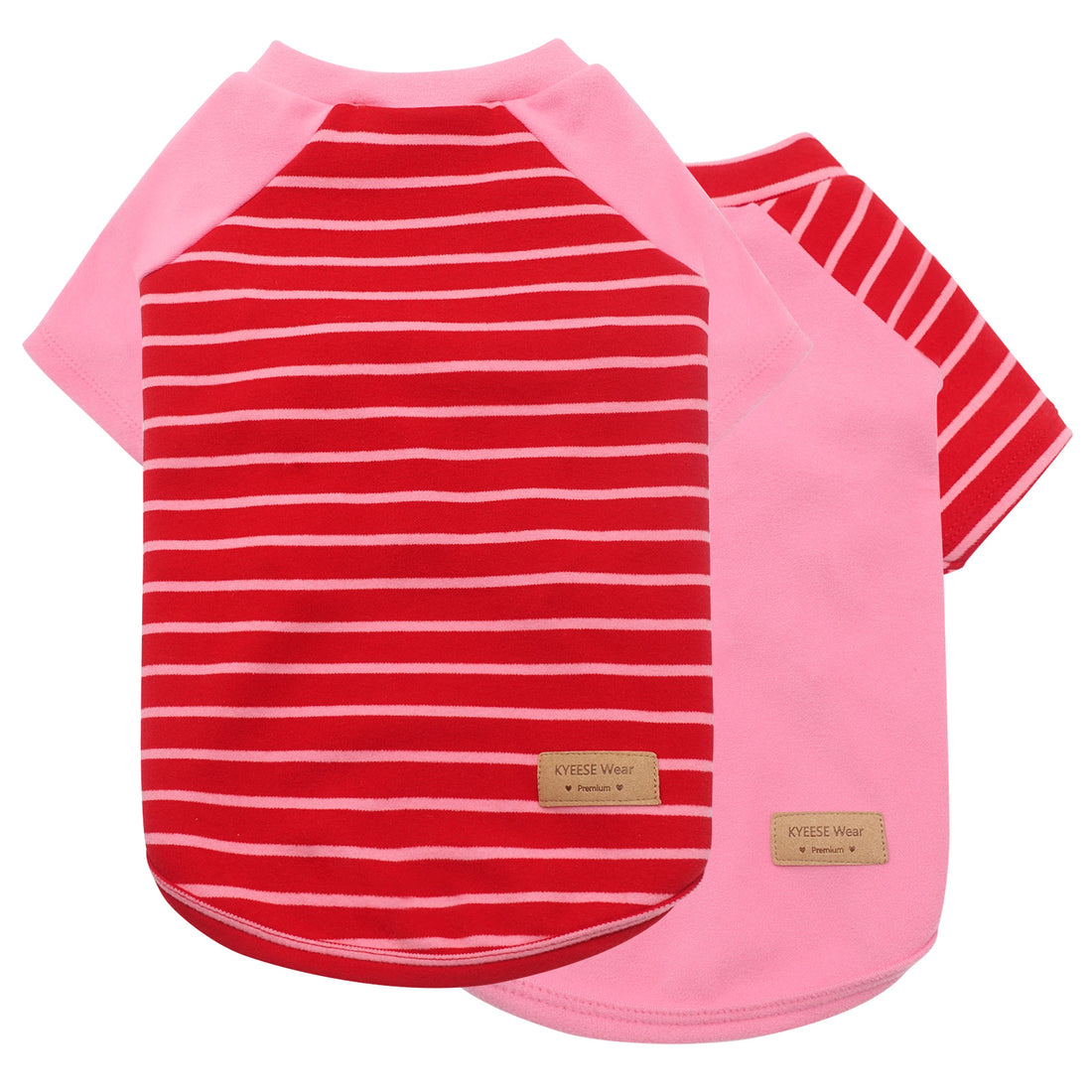 Dog shirt set: pink solid shirt and pink with red horizontal striped back panel