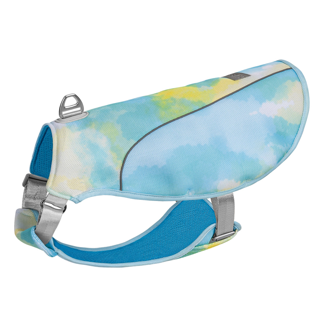 Blue dog cooling vest with watercolor print, mesh sleeves, and adjustable gray straps