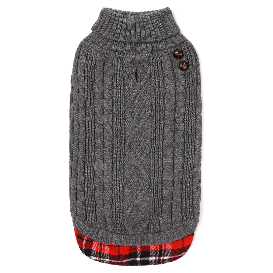 Grey cable-knit dog turtleneck sweater with ribbed collar and plaid flannel hem