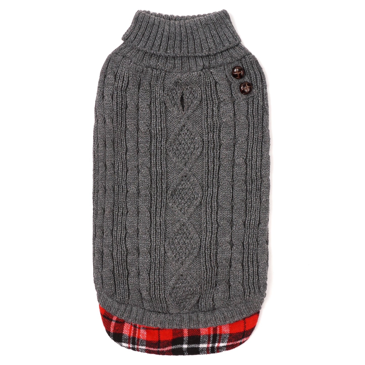 Grey cable-knit dog turtleneck sweater with ribbed collar and plaid flannel hem