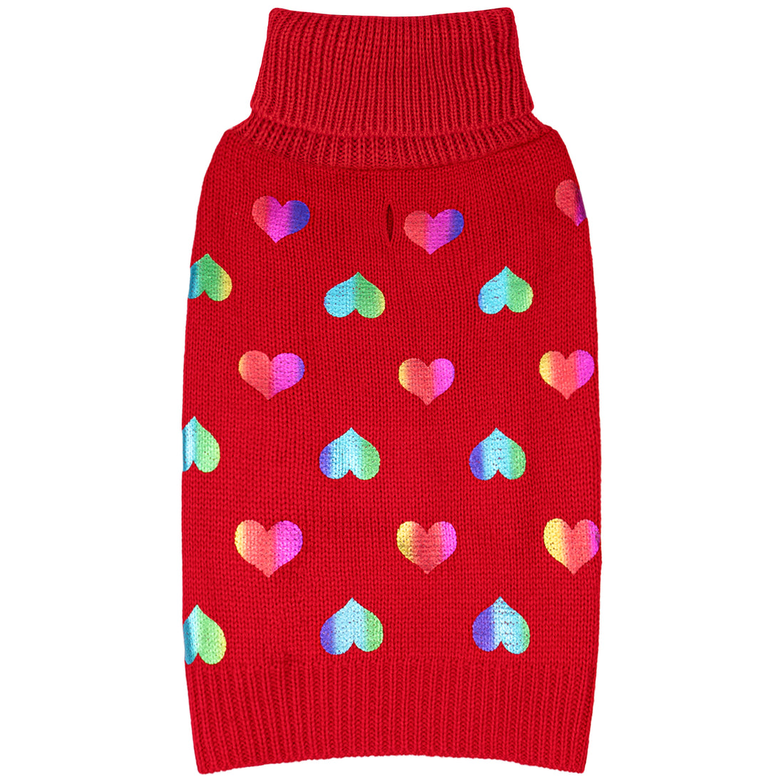Red knit dog sweater with scattered multicolor heart motifs and ribbed collar
