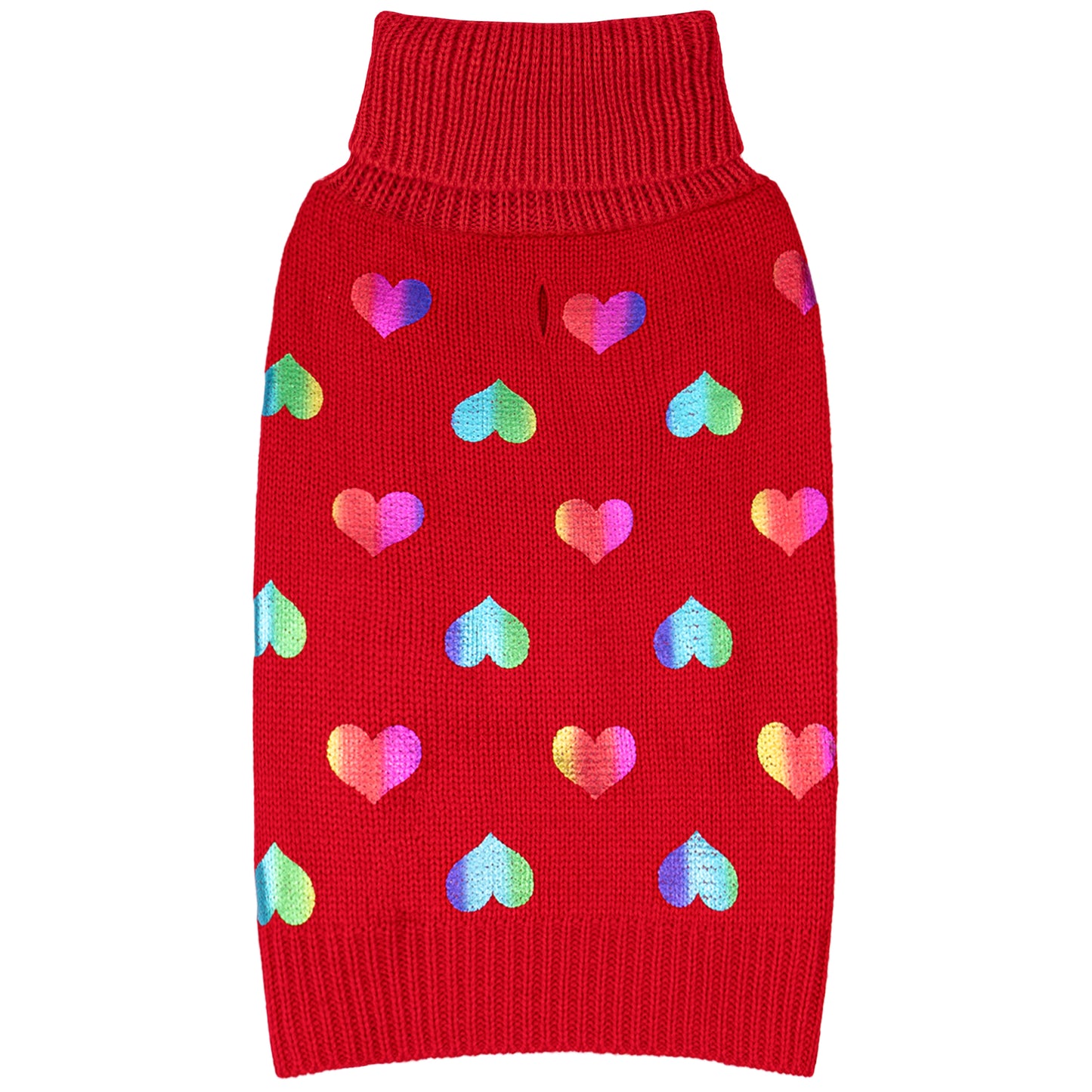 Red knit dog sweater with scattered multicolor heart motifs and ribbed collar