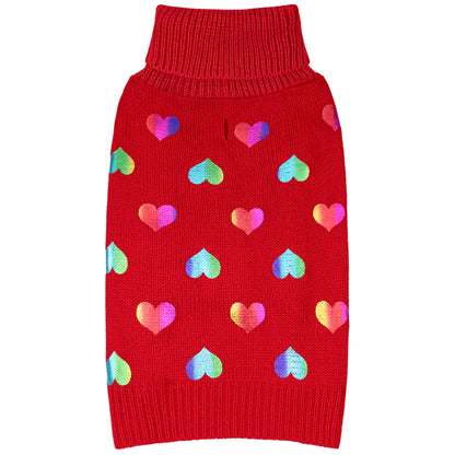 Red knit dog sweater with scattered multicolor heart motifs and ribbed collar