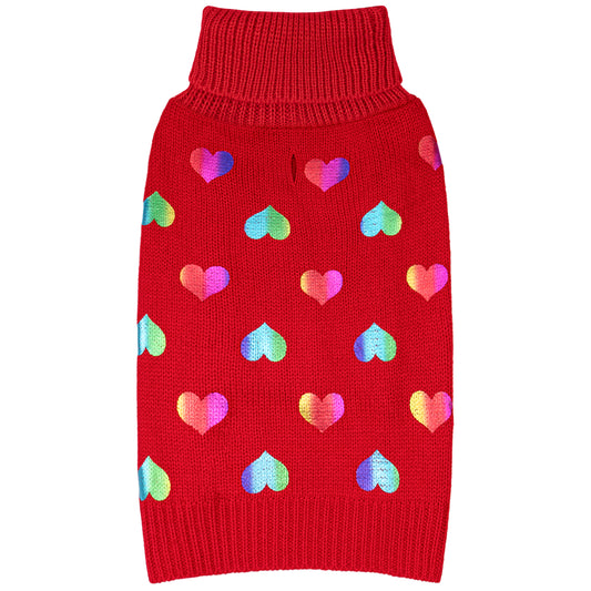 Red knit dog sweater with scattered multicolor heart motifs and ribbed collar