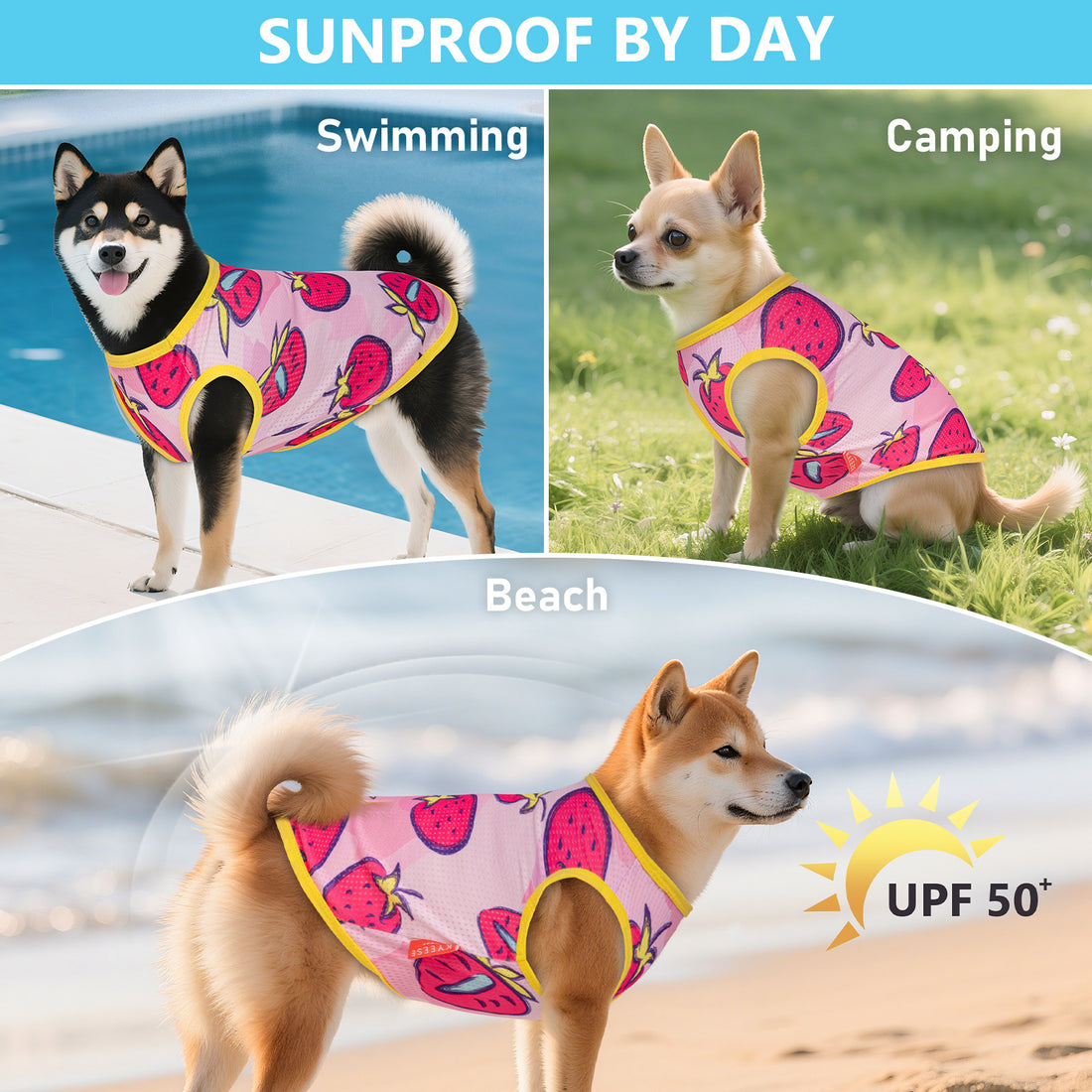 Strawberry-pattern dog shirt in pink with yellow trim, breathable mesh fabric