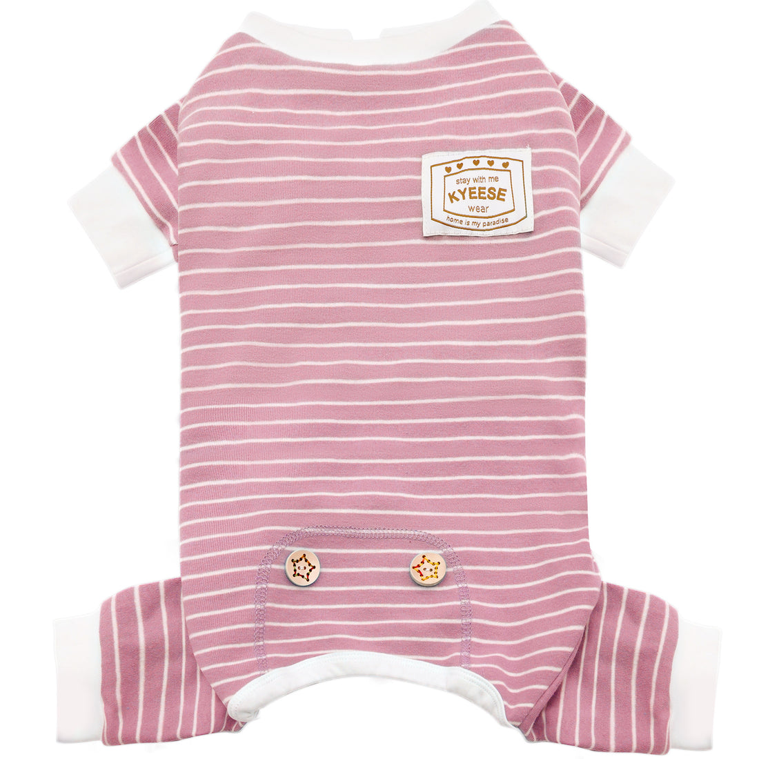 Pink striped dog onesie pajamas with KYEESE chest patch and two snap buttons