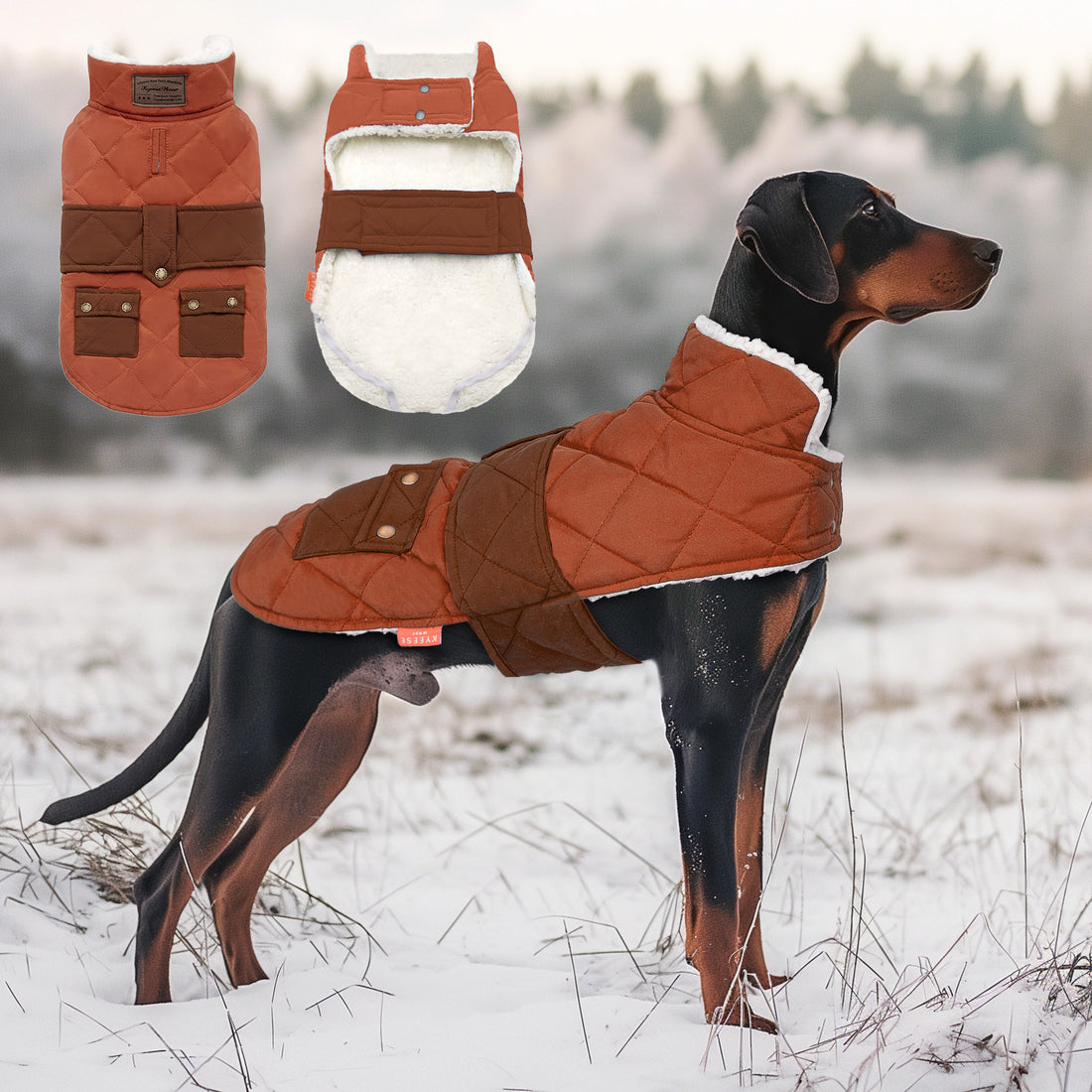 Quilted dog coat with pocket, orange-brown outer and white fleece lining with front straps.