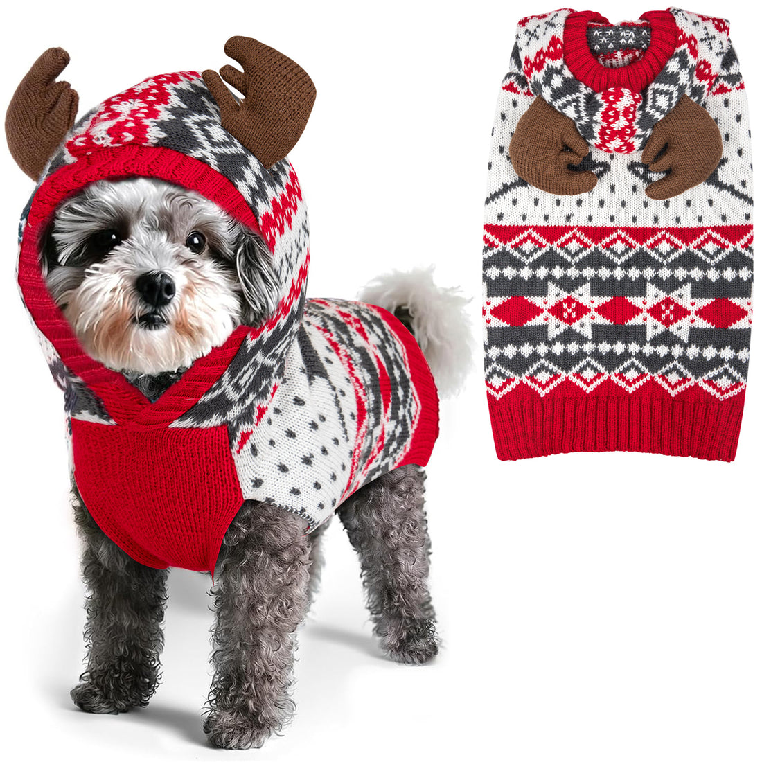 Dog reindeer sweater with antler hood, red and black-white knit, snowflake motifs
