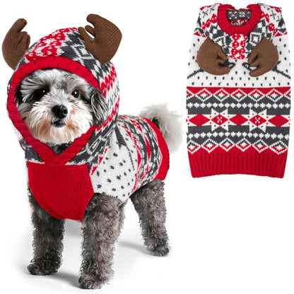 Dog reindeer sweater with antler hood, red and black-white knit, snowflake motifs