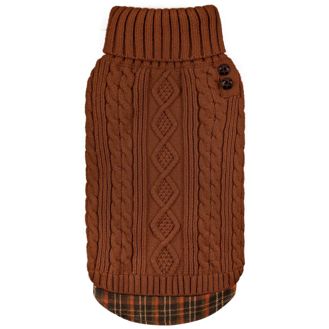Brown cable-knit turtleneck sweater for small dogs with ribbed collar and hem