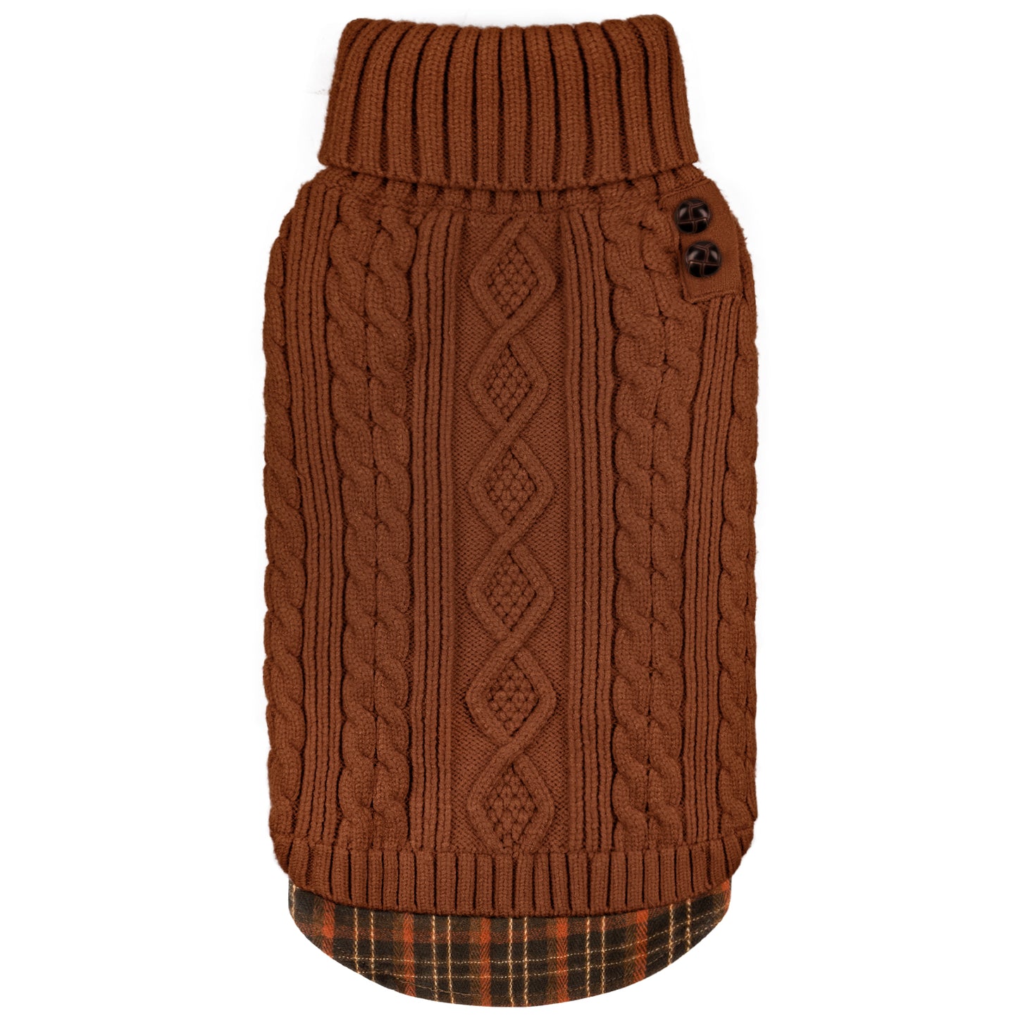 Brown cable-knit turtleneck sweater for small dogs with ribbed collar and hem