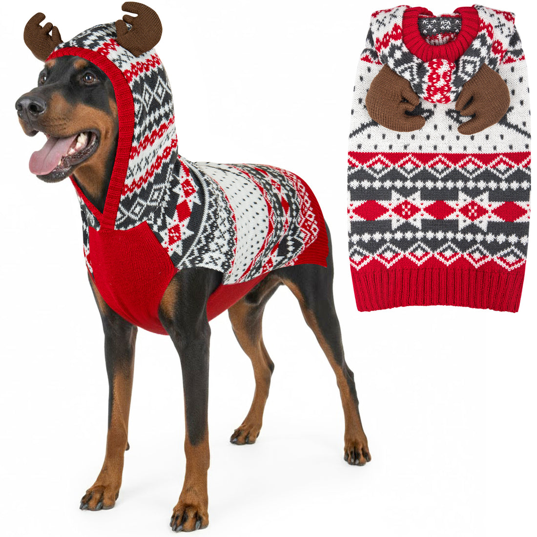 Reindeer antler-hood dog sweater on tan dog, red and black-white knit with hood