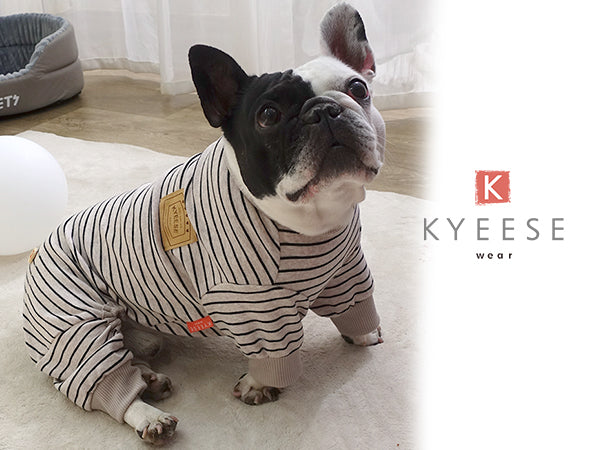 Striped dog onesie pajamas worn on a bulldog, light gray with black horizontal stripes