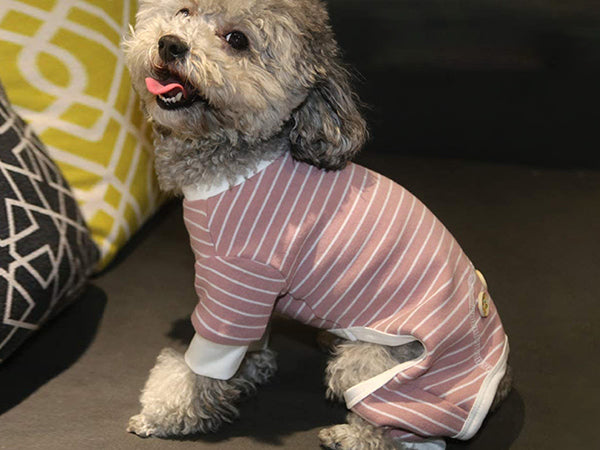 Pink striped dog onesie pajamas with front belly opening and white sleeve cuffs