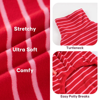 Red striped pajama fabric with close-ups of the high neck and rear opening