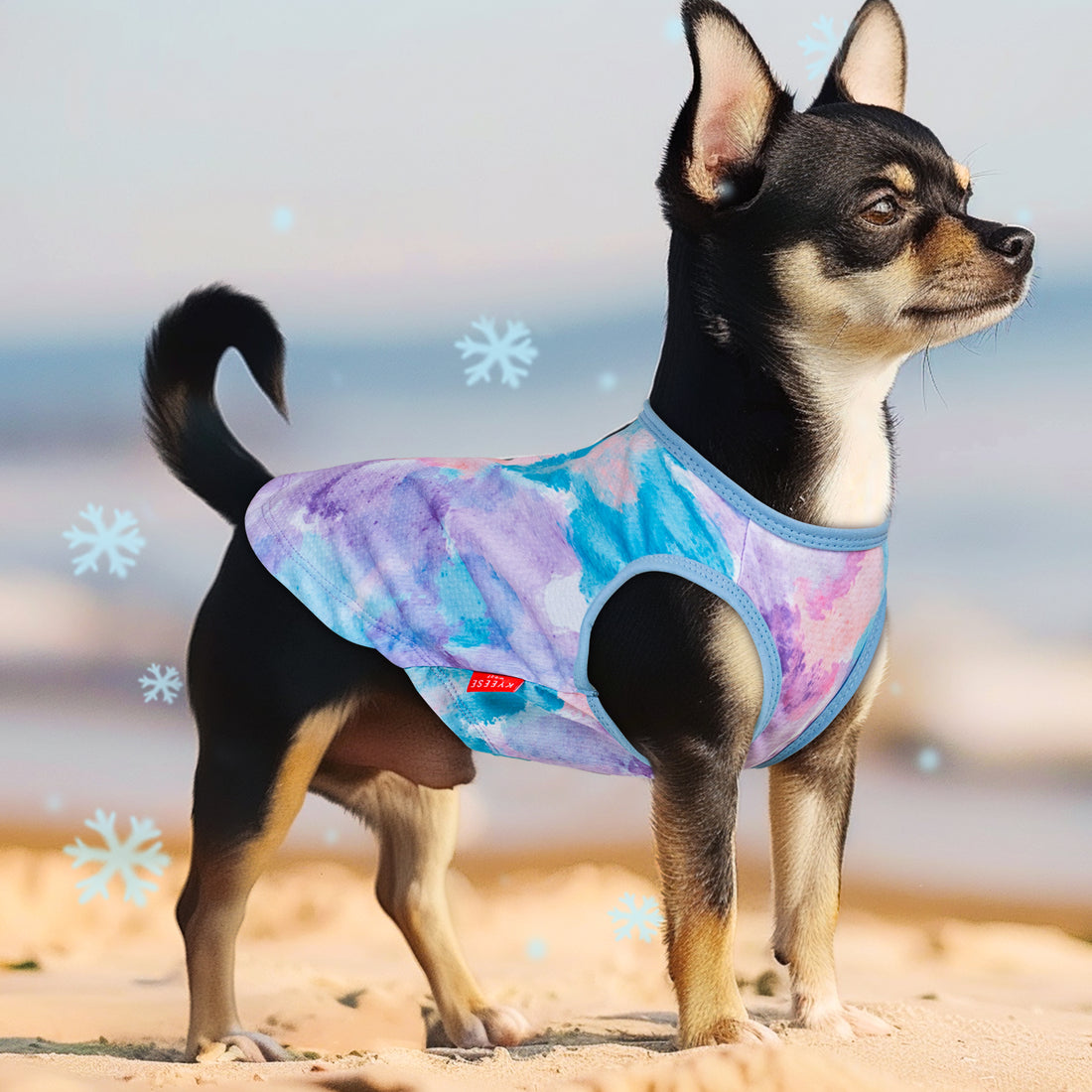 Purple-and-blue dog cooling shirt with icy pattern, gray neck trim and leg openings