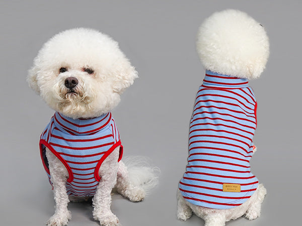 Blue-and-red striped sleeveless dog turtleneck sweater with side patch label