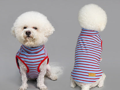Blue-and-red striped sleeveless dog turtleneck sweater with side patch label