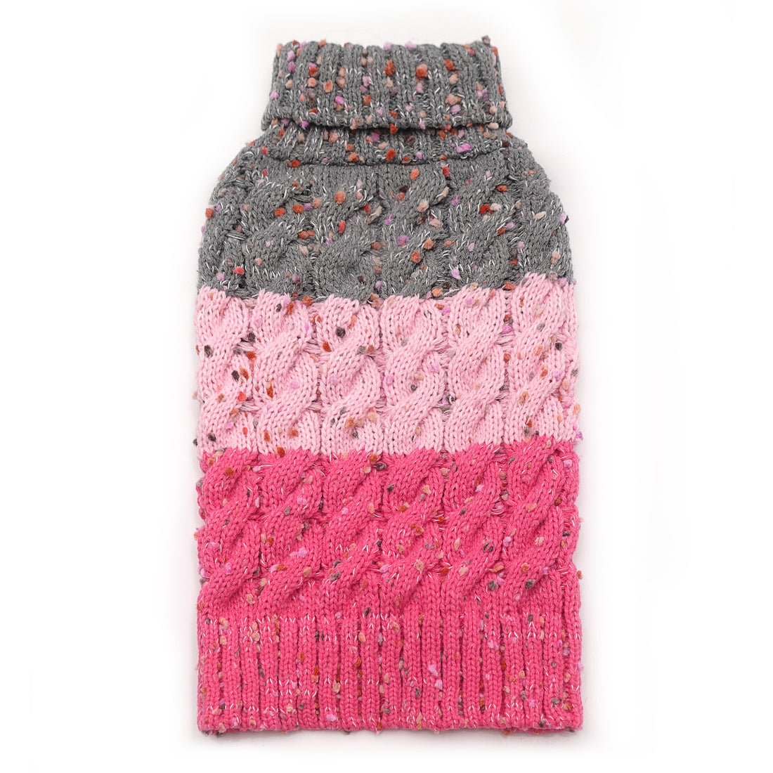 Folded color-block dog sweater with gray top, pink middle, and bright pink ribbed bottom