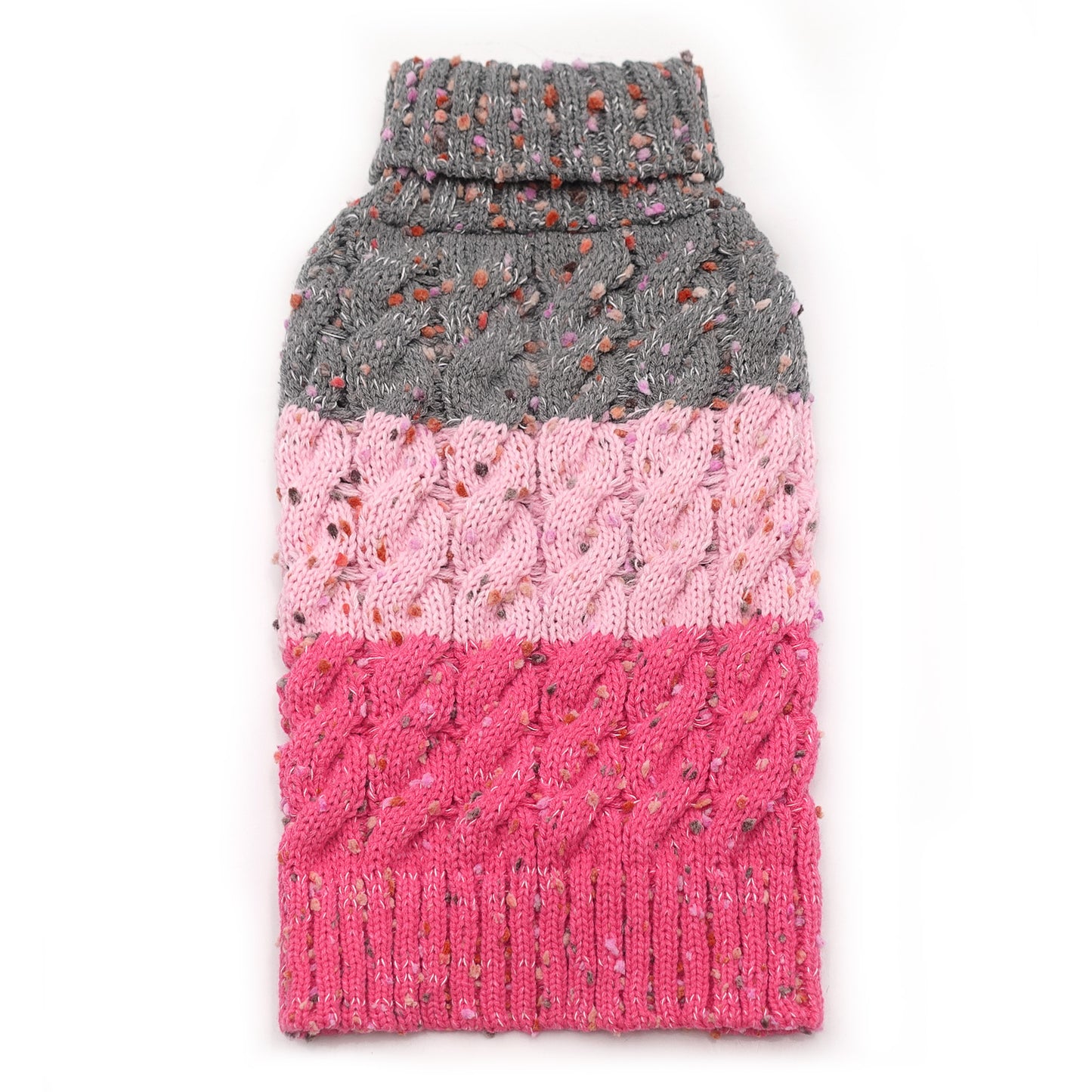 Folded color-block dog sweater with gray top, pink middle, and bright pink ribbed bottom