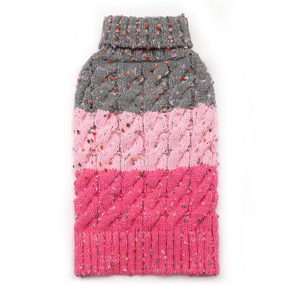 Folded color-block dog sweater with gray top, pink middle, and bright pink ribbed bottom