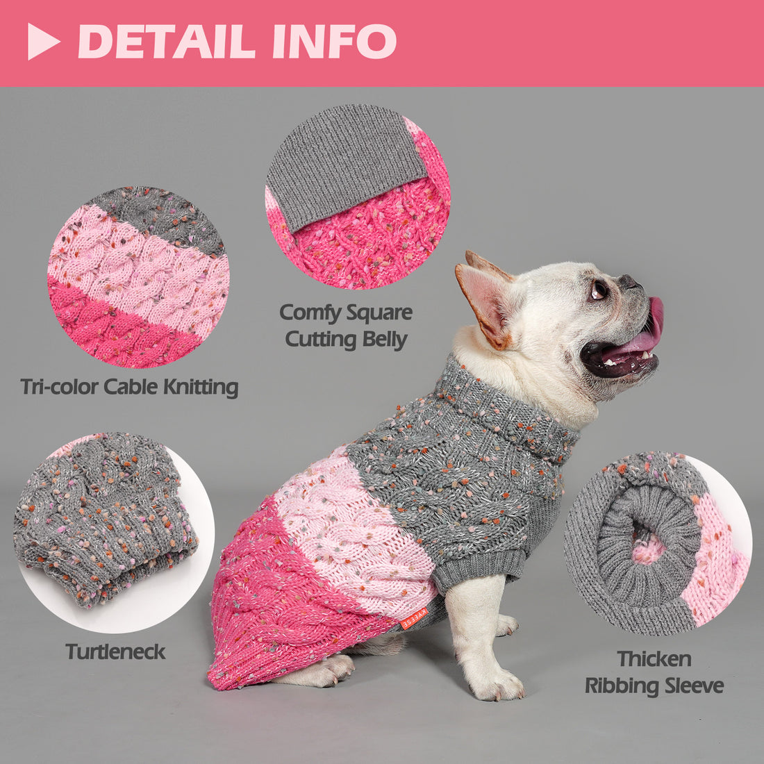 Three-tone cable-knit dog sweater with turtleneck and thick ribbed belly trim