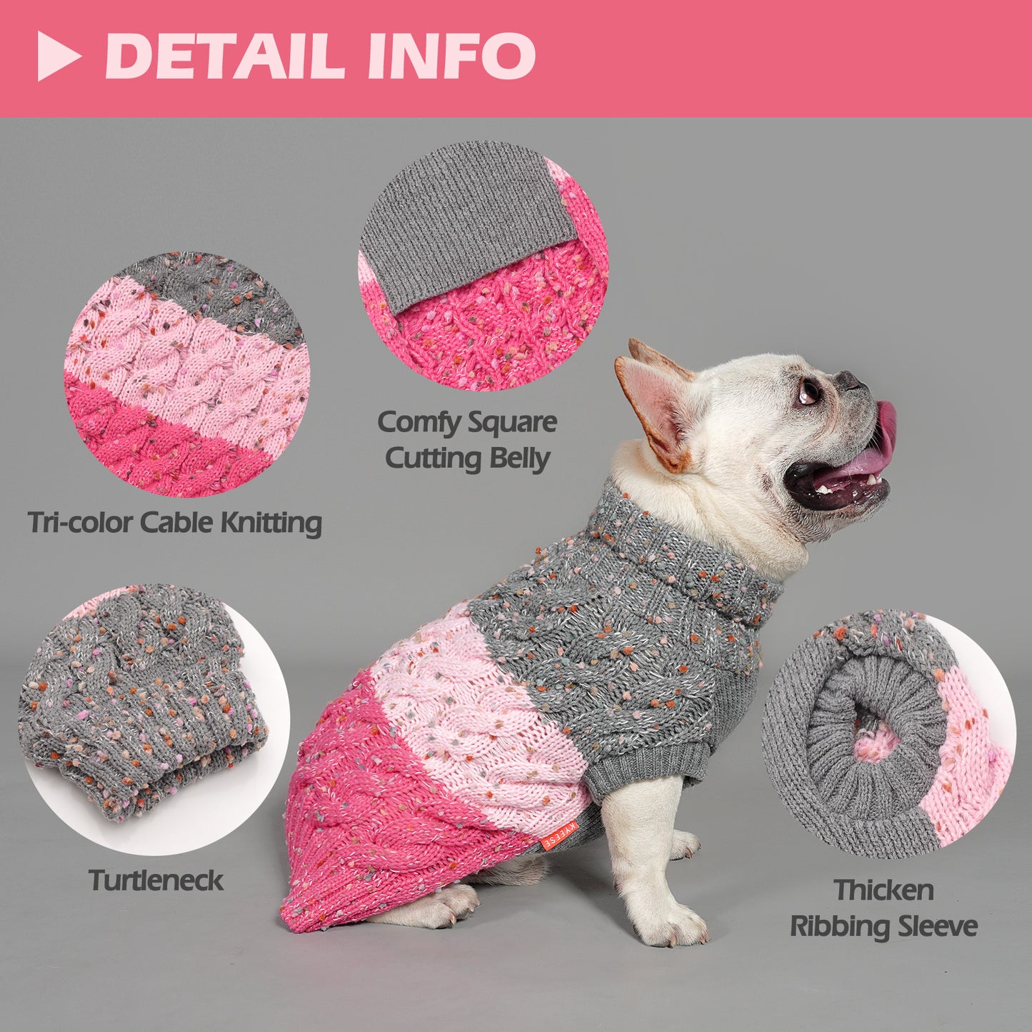Three-tone cable-knit dog sweater with turtleneck and thick ribbed belly trim