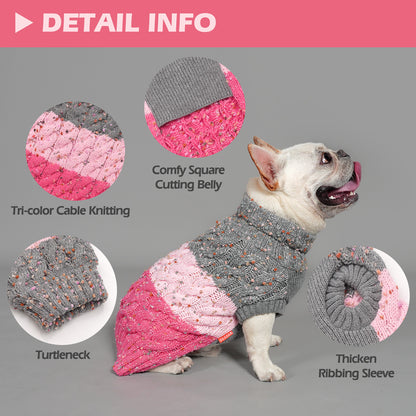 Three-tone cable-knit dog sweater with turtleneck and thick ribbed belly trim