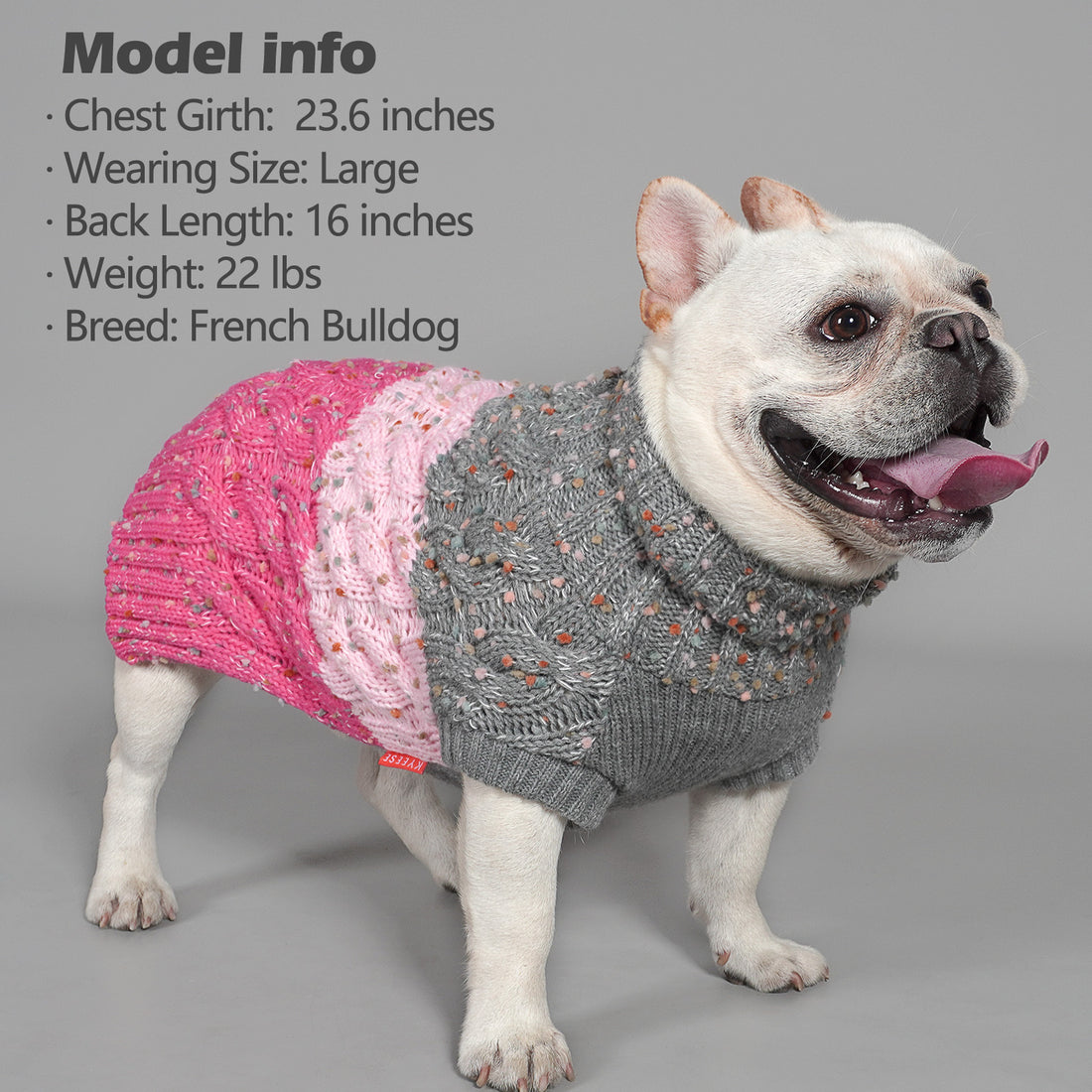 Color-block dog sweater with pink and gray knitted panels and ribbed neck and cuffs