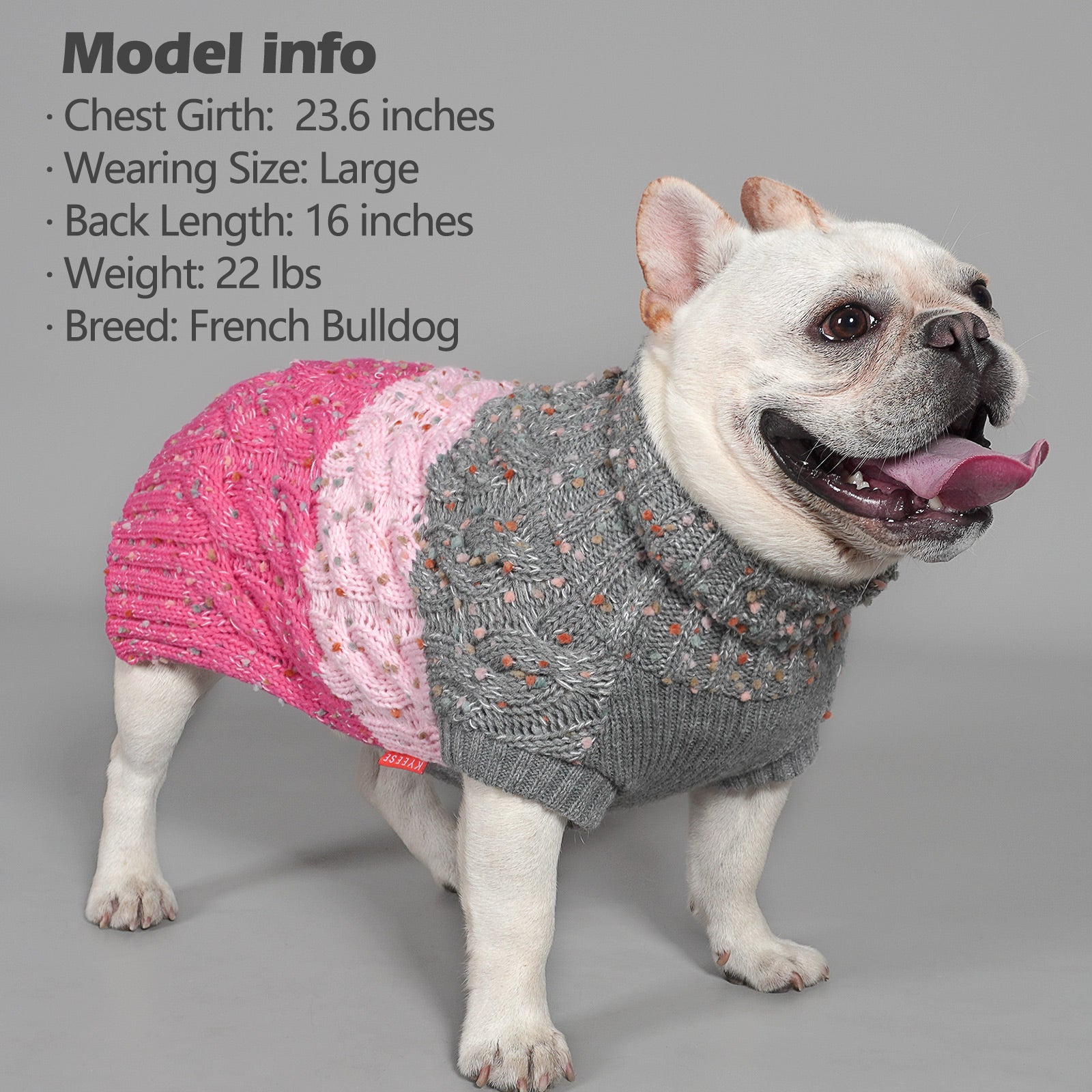 Color-block dog sweater with pink and gray knitted panels and ribbed neck and cuffs