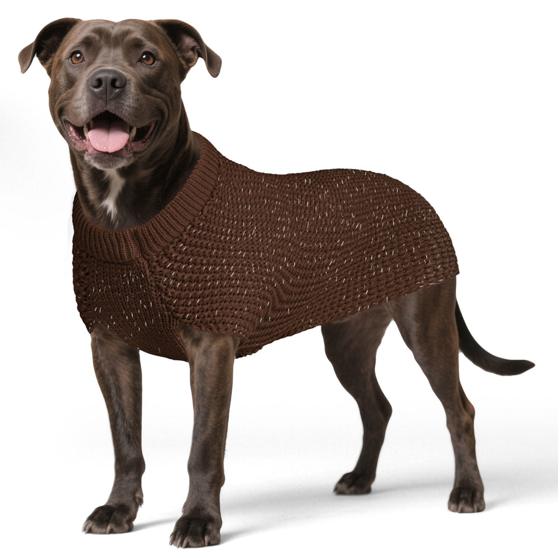 Brown knit dog sweater with ribbed crew neck, worn by a standing dog