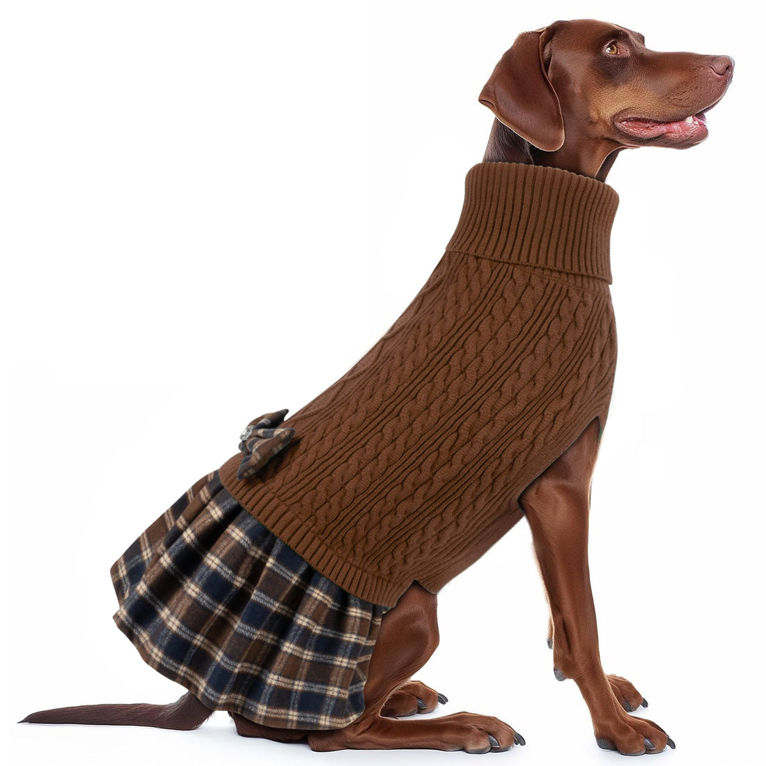 Brown cable knit dog sweater with turtleneck, plaid ruffle hem, and bow accent