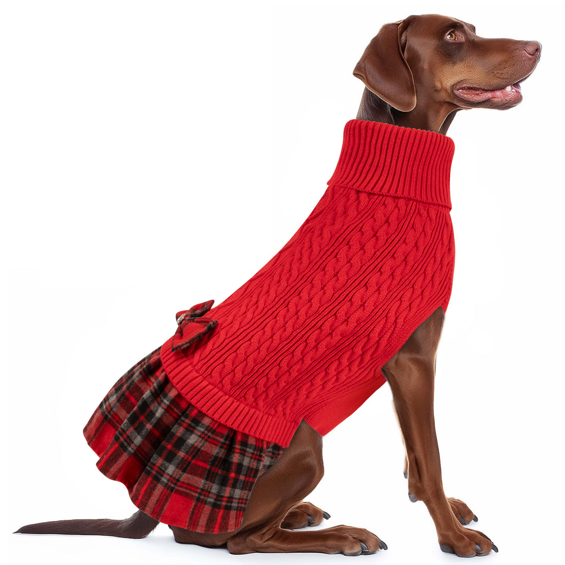 Red cable-knit dog sweater with turtleneck, black plaid ruffle skirt and bow