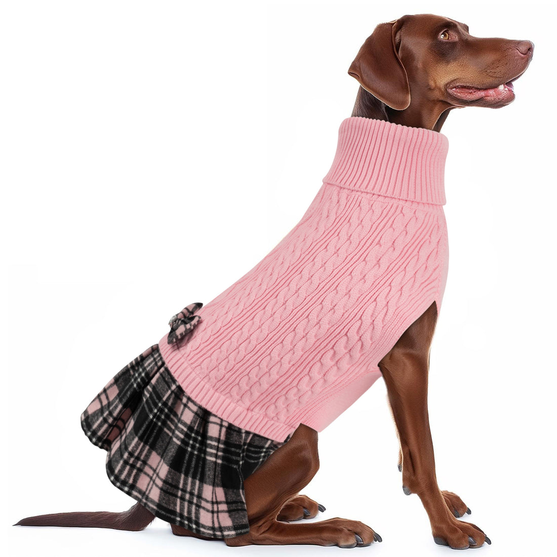 Pink cable-knit dog sweater with turtleneck, black plaid skirt and bow