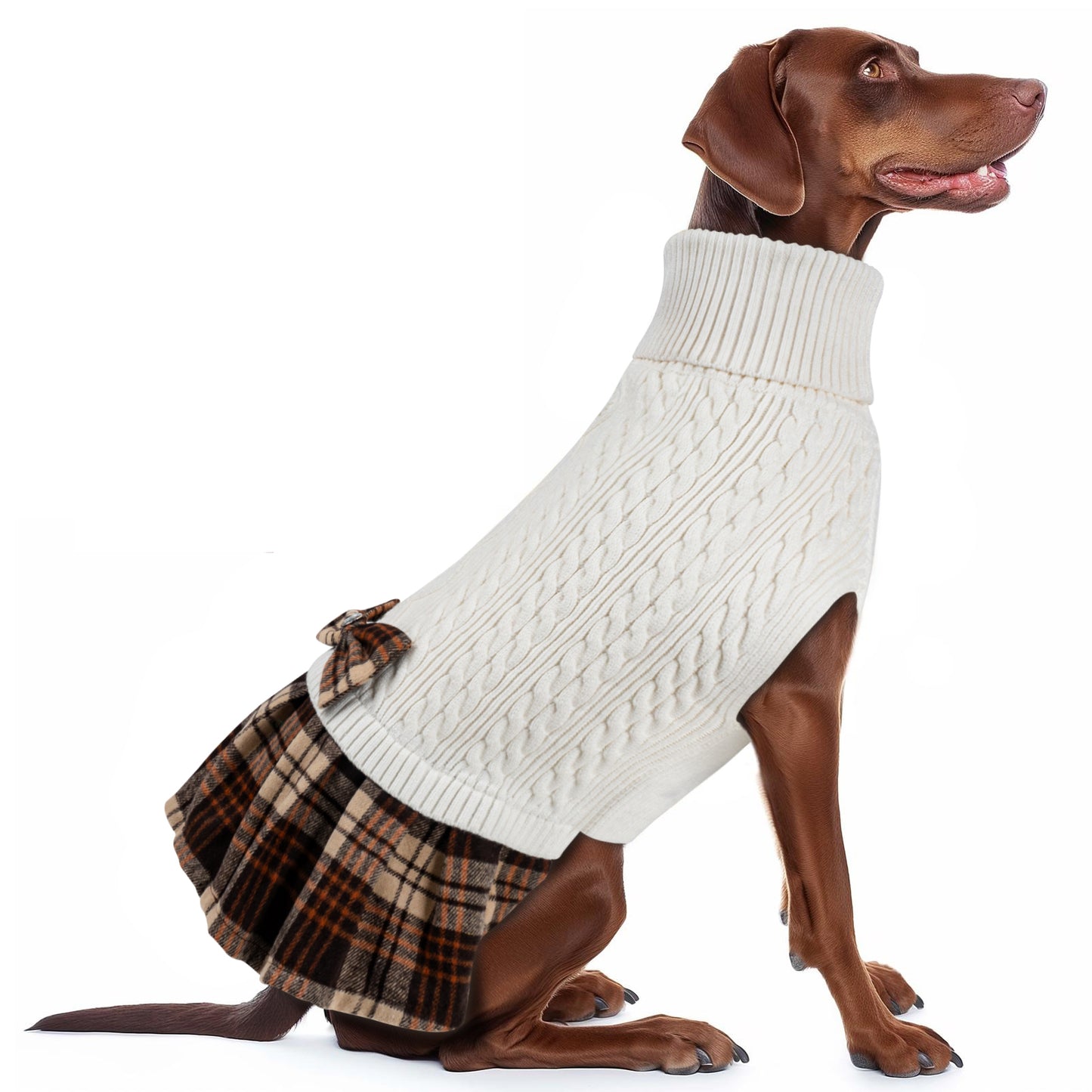 Cream cable knit dog sweater with turtleneck and brown plaid bow skirt