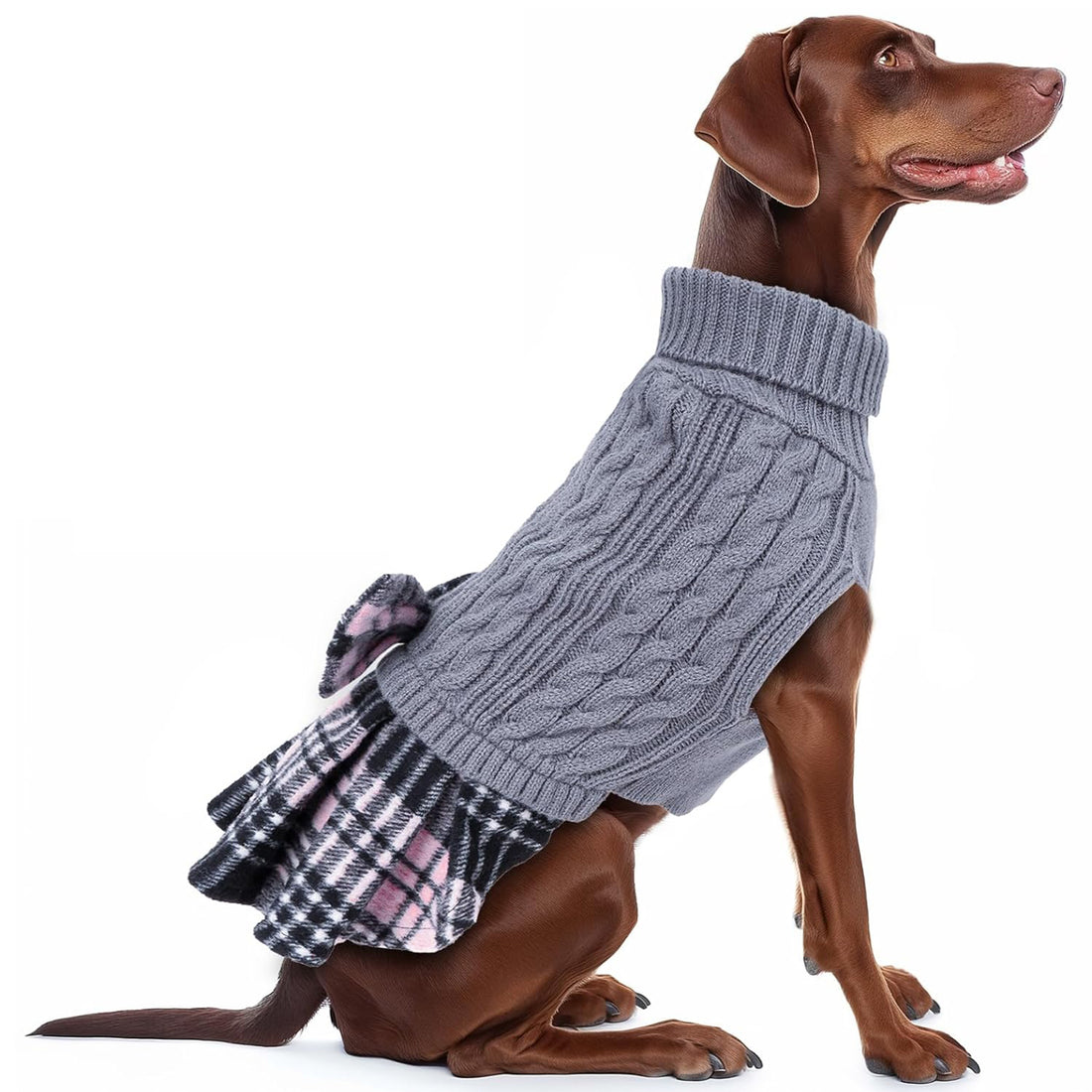 Gray cable knit dog sweater with turtleneck and plaid ruffle hem, bow detail
