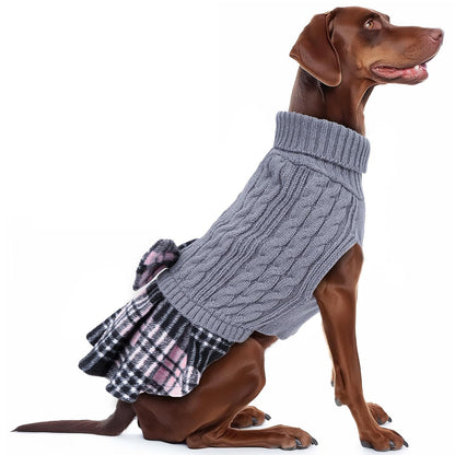 Gray cable knit dog sweater with turtleneck and plaid ruffle hem, bow detail
