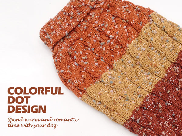 Color-block winter dog sweater in orange, tan, and rust speckled knit with ribbed turtleneck