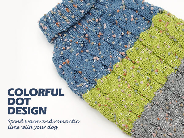 Color-block fuzzy dog sweater with blue, lime, and gray speckled knit texture