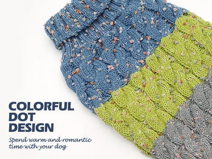 Color-block fuzzy dog sweater with blue, lime, and gray speckled knit texture
