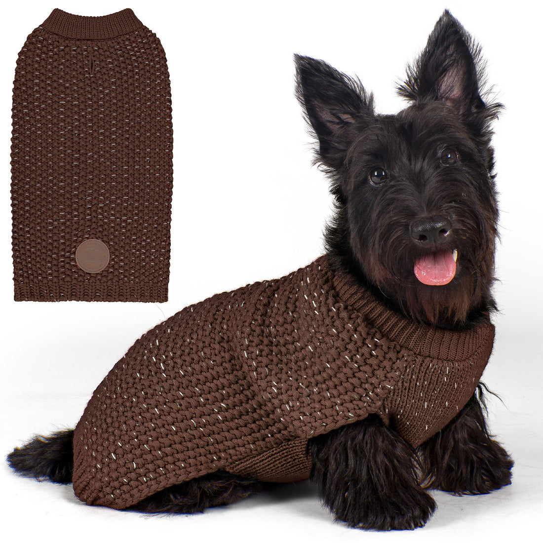 Brown knit dog sweater with ribbed neck and small round patch, worn by a dog