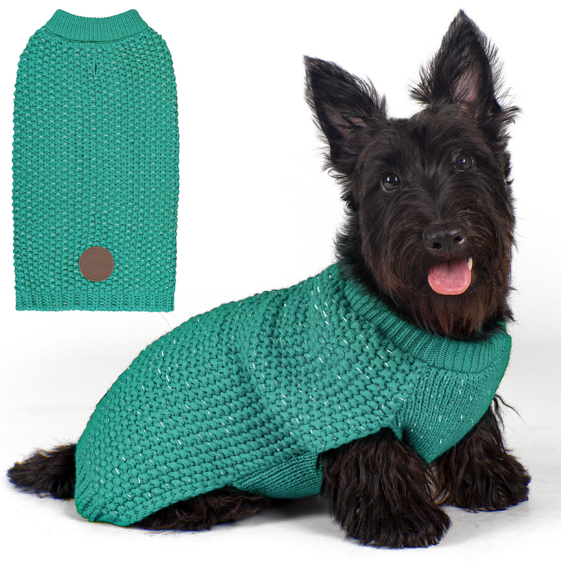 Hunter-style reflective dog sweater in dark teal knit, round neck, dog wearing it