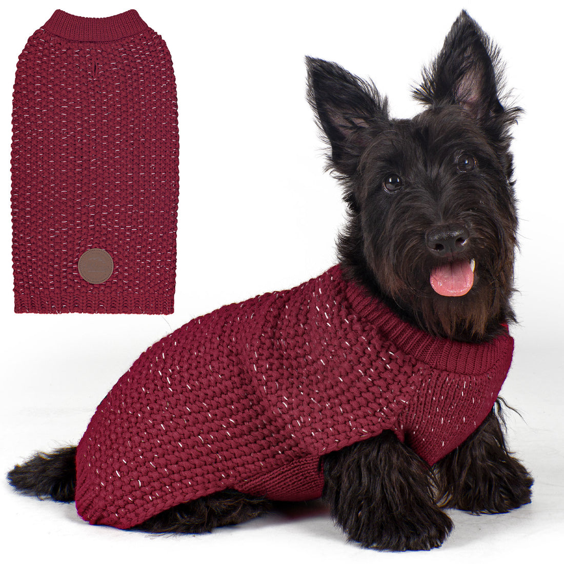 Wine red dog sweater on small dog, ribbed round neck and matching knit with back patch