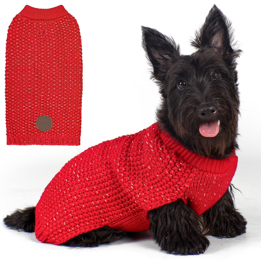 Hunter-style reflective dog sweater in red knit, round neck and small tan patch, dog