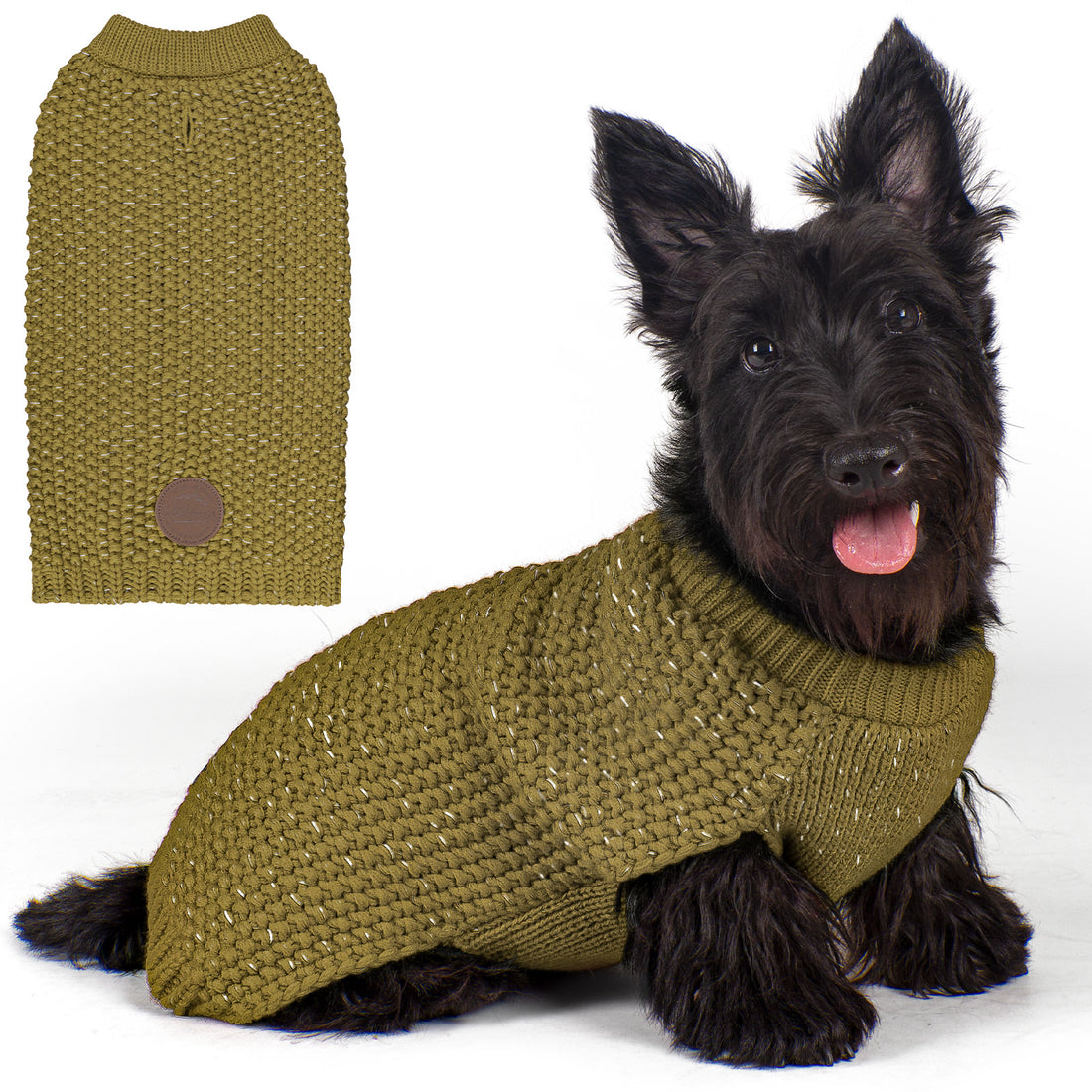Olive knit dog sweater with round neck and small patch, worn by a sitting dog