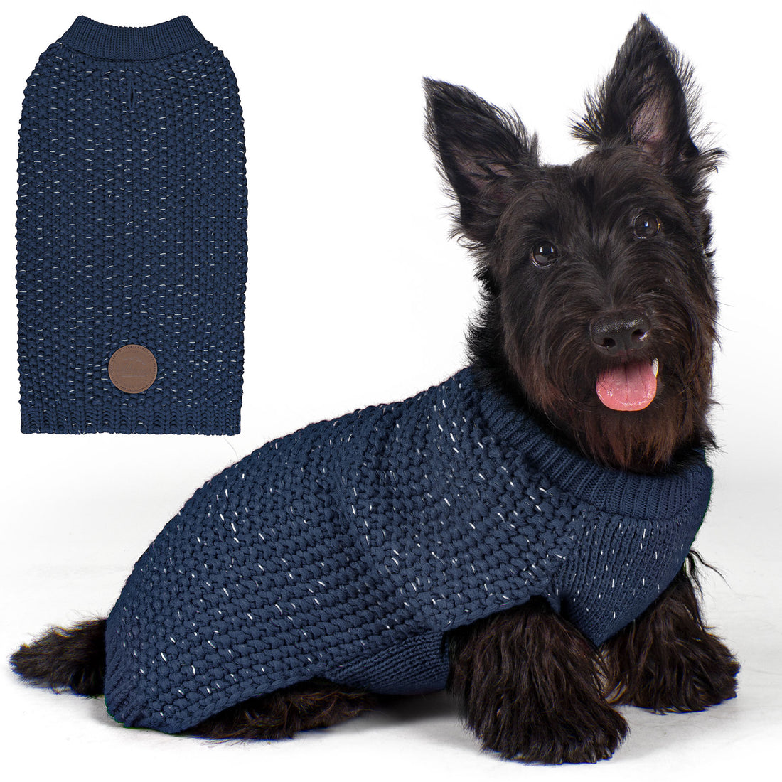 Dark blue reflective knit dog sweater with ribbed collar, worn by a small dog